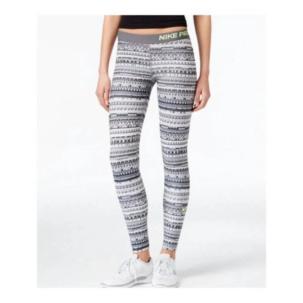 NIKE Pro Gray White Stripe 8 Bit Fair Isle Tight Workout Leggings Size Small